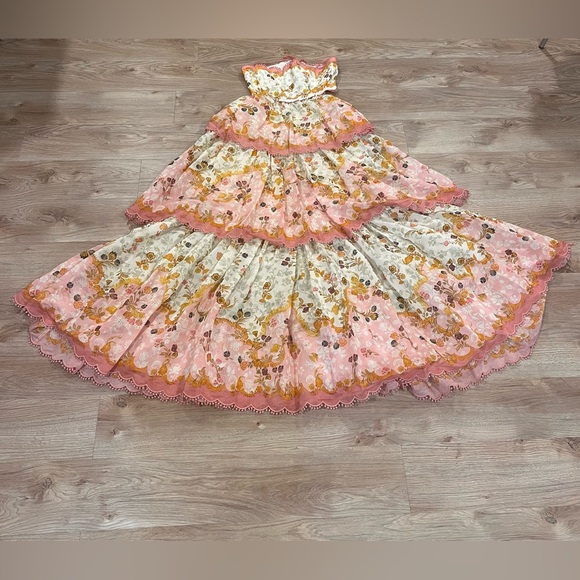 RARE Zimmermann Laurel Lace Up Floral Pink Frill Maxi Dress Size AU3/L - Picture 3 of 12